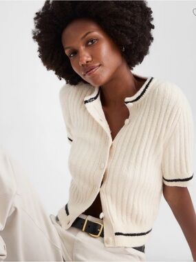 Madewell Cream Short-Sleeve Ribbed Cardigan with Black Trim